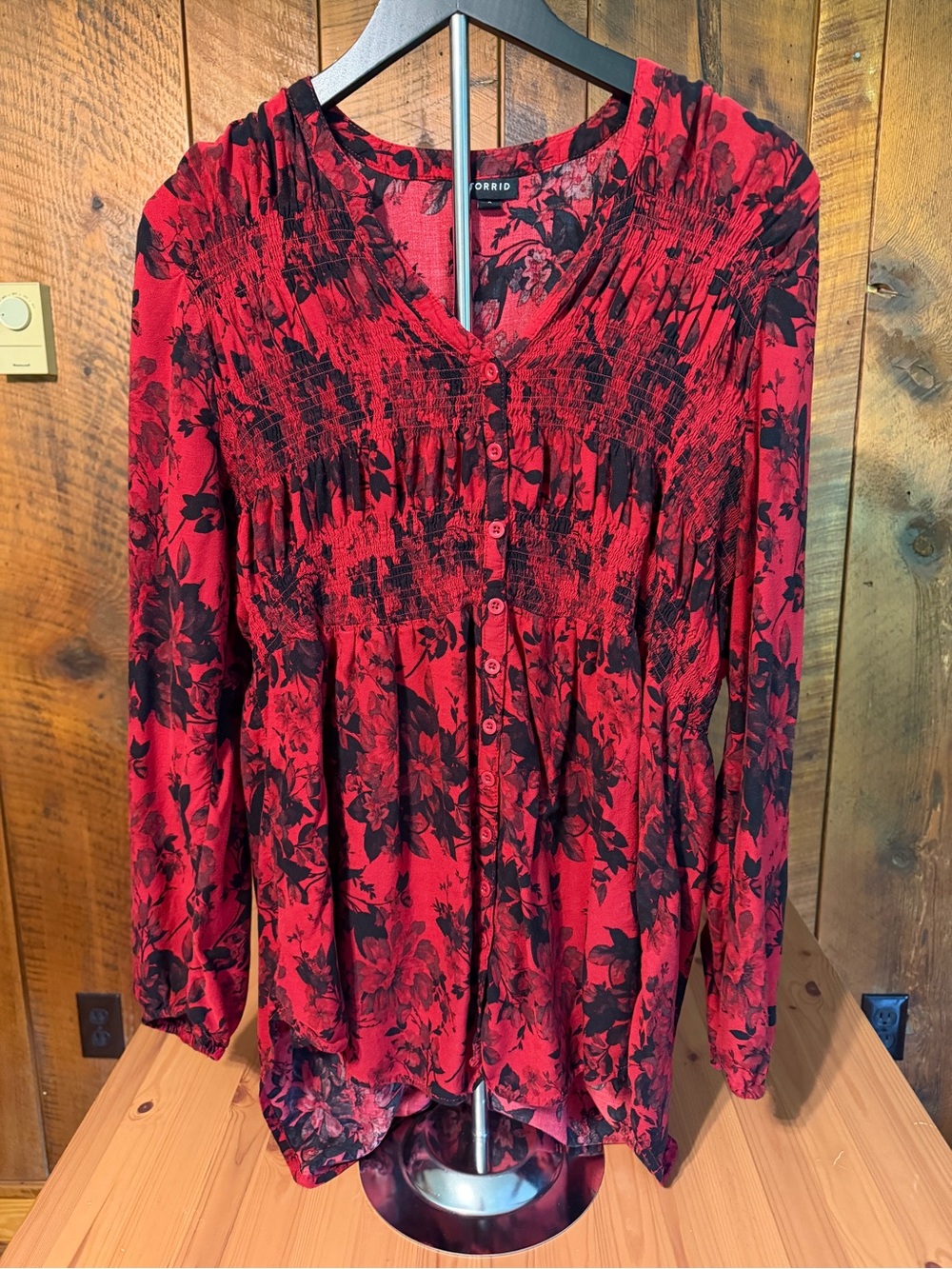 Torrid Red Black Floral Smocked Top Whimsigoth Dark Romantic Gothic Blouse 2X